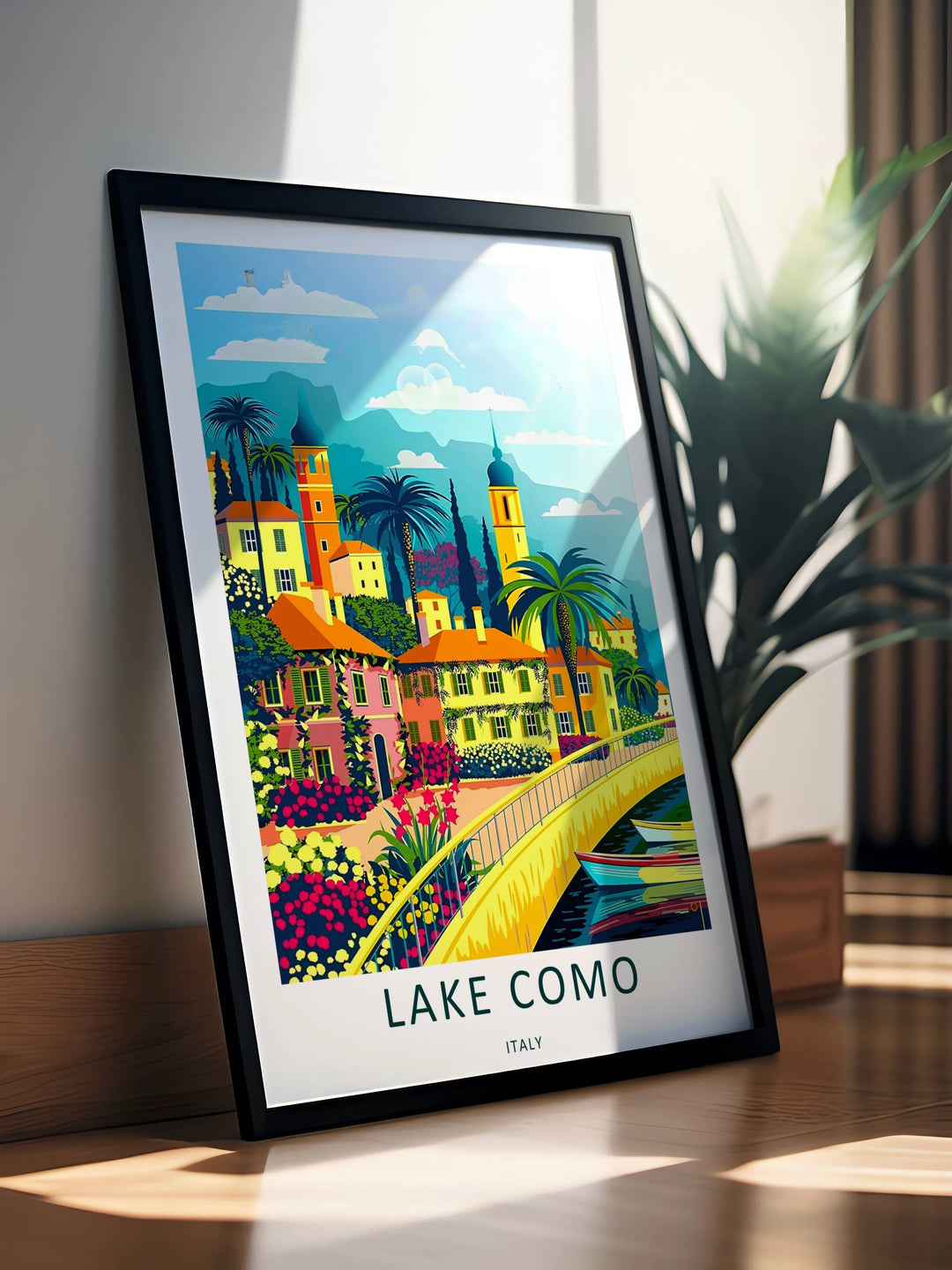 Side angle perspective of a professionally framed Lake Como travel print, highlighting the clean edge details of the black frame.