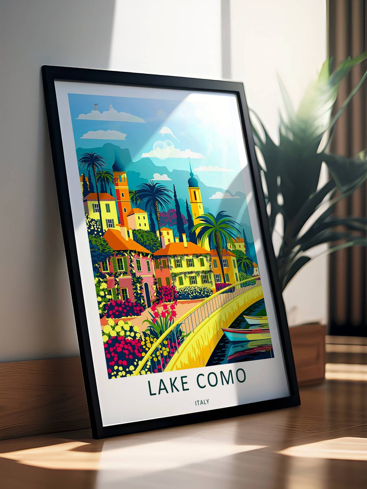 Side angle perspective of a professionally framed Lake Como travel print, highlighting the clean edge details of the black frame.