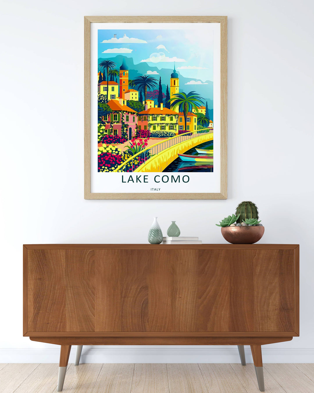 Display layout featuring a mix of framed and unframed Lake Como Italy prints to inspire home decorating and gallery walls.