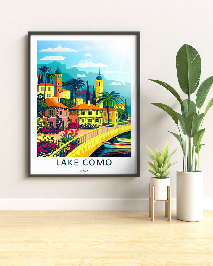 Vertical Lake Como landscape illustration capturing a yellow stone promenade path next to deep blue water with floating boats.