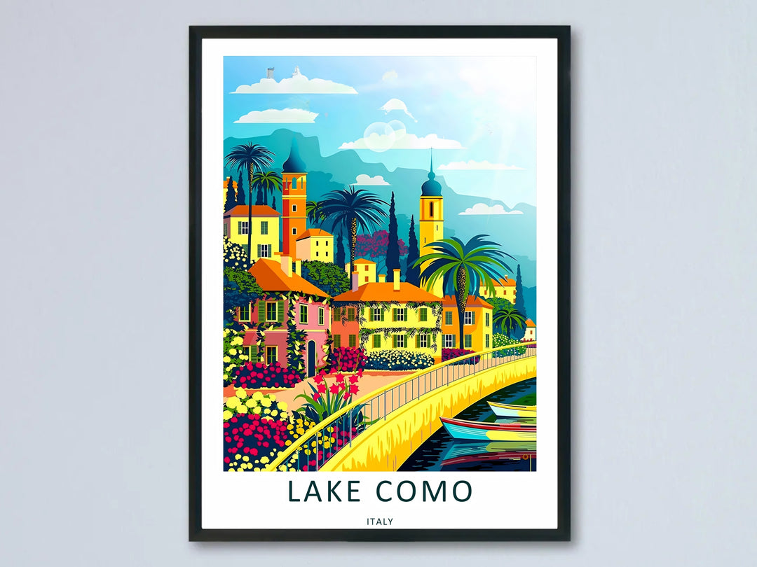 Retro travel poster of Lake Como featuring colorful hillside villas and palm trees, beautifully framed on a clean gallery wall.