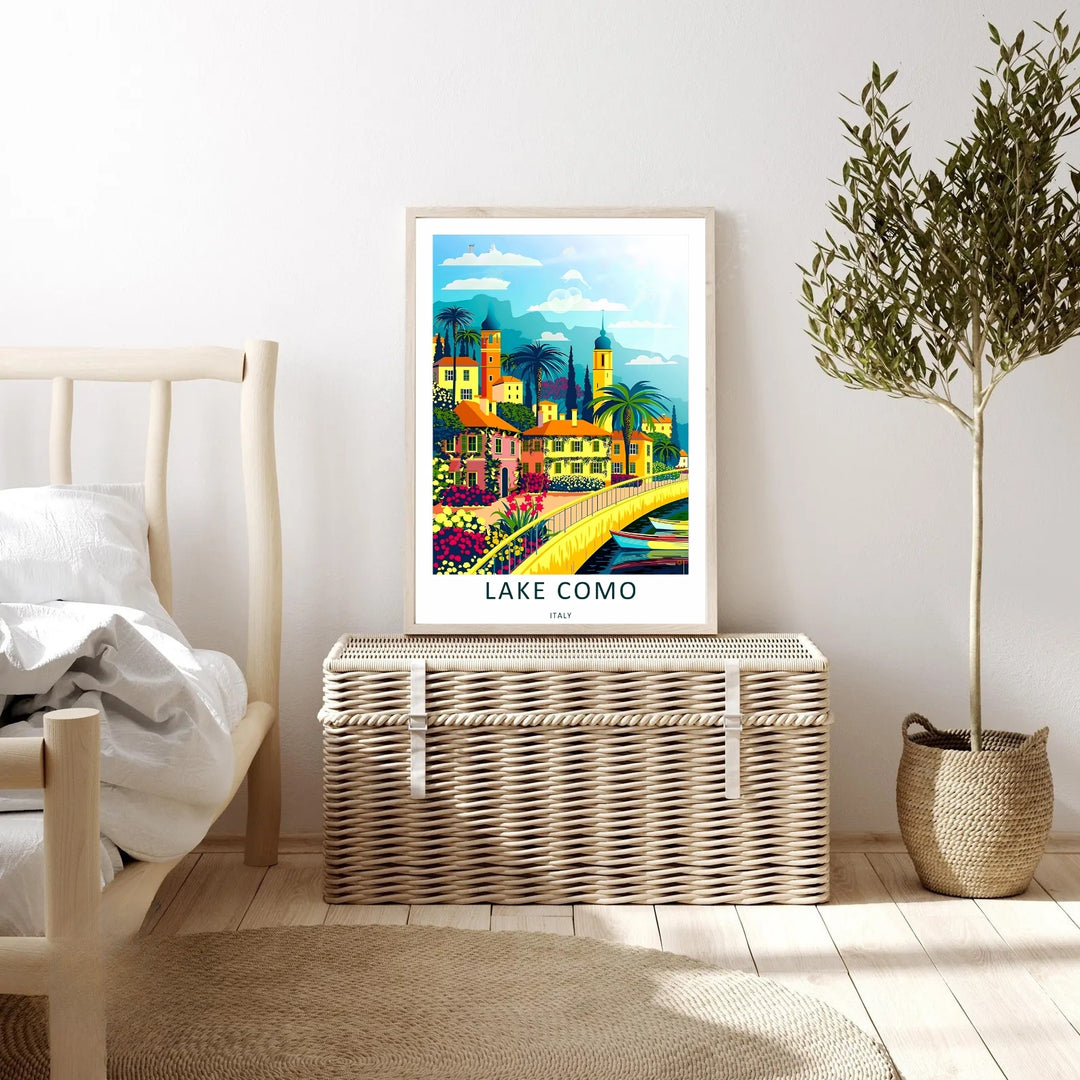 white Framed Lake Como wall art with vibrant pink villas and lush botanical greenery, perfect for a bright modern living room.