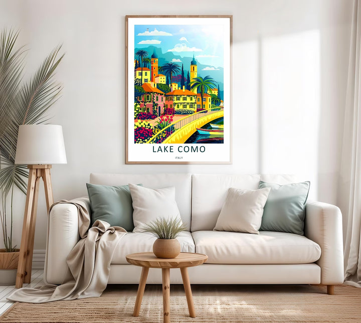 Illustrative Lake Como scenery print with a sun-drenched palette of sunny yellow, terracotta, and soft sky blue colors.