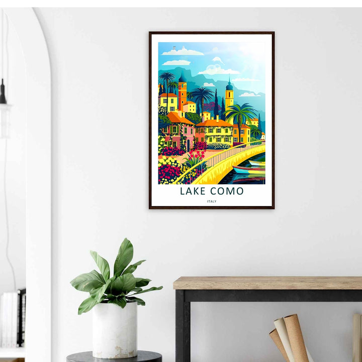 Detailed close-up view of a Lake Como graphic print, highlighting the historic church steeples and distant Lombard Pre-Alps.