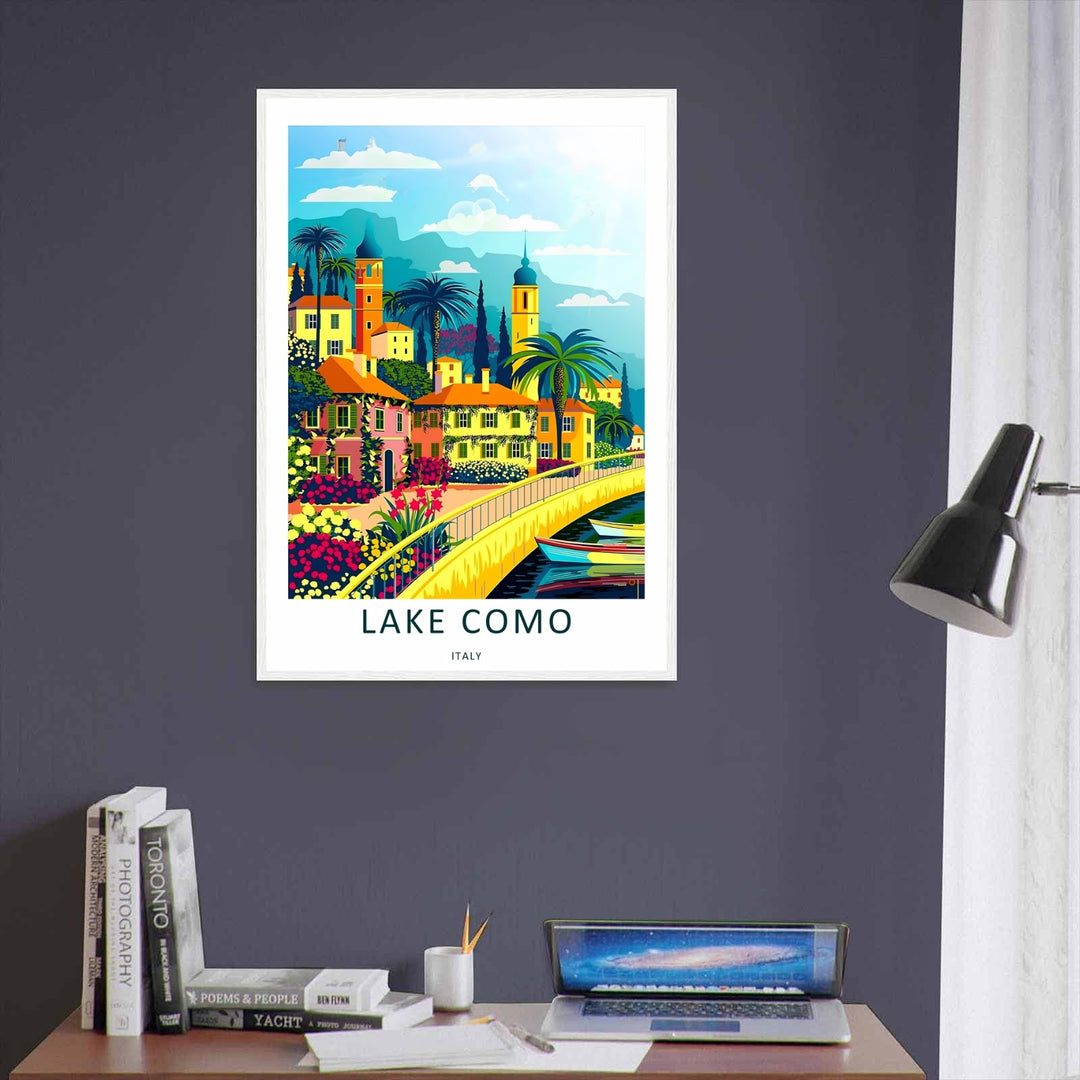 Crisp graphic design of a Lake Como waterfront village with towering palm silhouettes, styled on a neutral background wall.