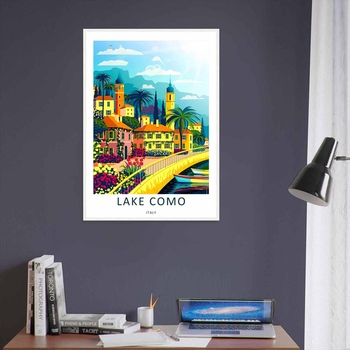 Crisp graphic design of a Lake Como waterfront village with towering palm silhouettes, styled on a neutral background wall.
