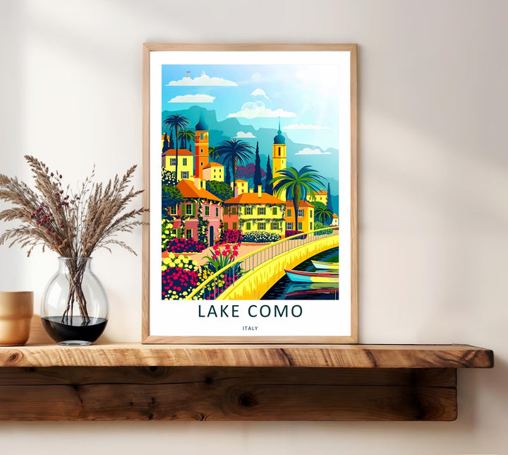 Artistic Lake Como decor showcasing the contrast between traditional Italian architecture and majestic mountain backdrops.