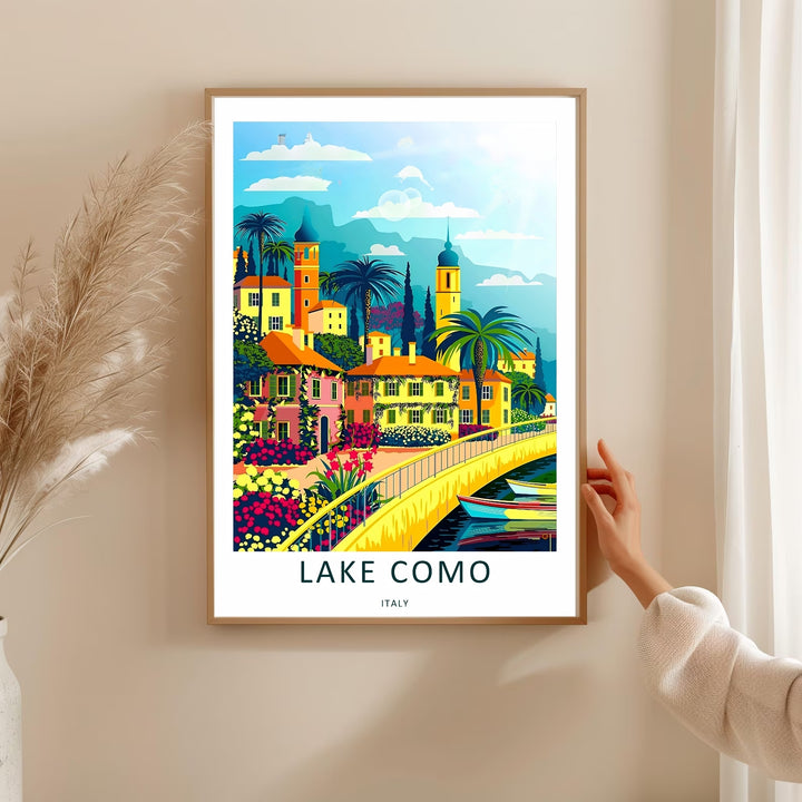 Vibrant Lake Como mountain and lake poster bringing a refreshing splash of European wanderlust into a contemporary home office.