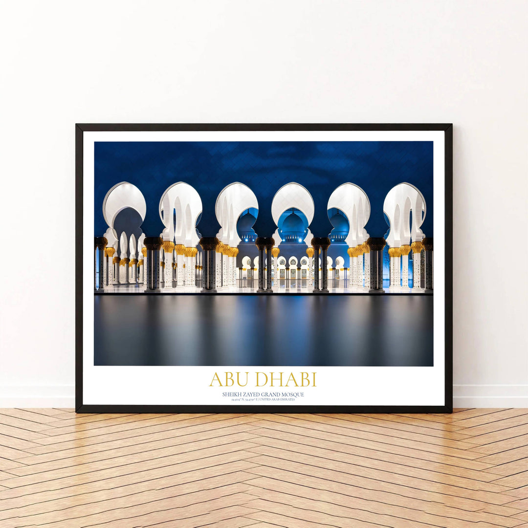 Illuminated columns and onion domes of Sheikh Zayed Grand Mosque in Abu Dhabi UAE at night. Designed by MapYourDreams, this fine artwork is offered across multiple formats including unframed archival paper, elegant framed choices, and durable gallery canvas prints for home decor.
