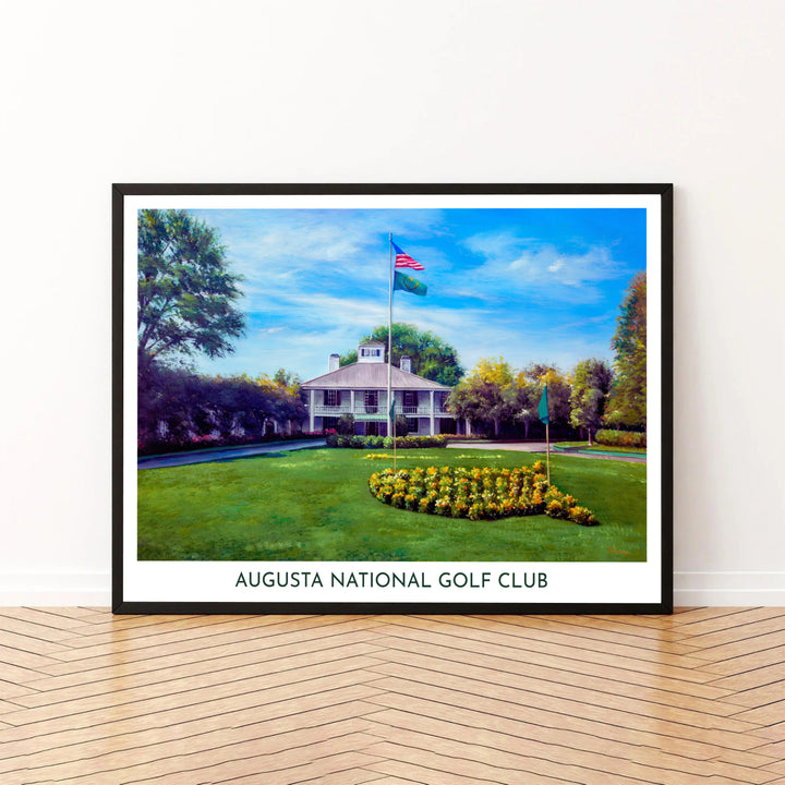 A vintage Augusta golf poster design showcasing the serene beauty, golden floral map, and legendary atmosphere of tournament week. Offered by MapYourDreams, this artwork is available in flexible options including unframed paper, custom wooden frames, and gallery canvas wraps for tailored home wall decor setups.
