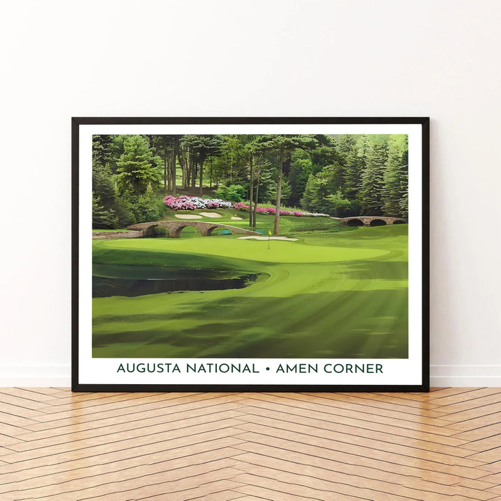 High-resolution golf wall art print displaying the sunlit fairways and serene water hazard of Hole 12 at Augusta Georgia. Offered by MapYourDreams, this artwork is available in flexible options including unframed paper, custom wooden frames, and gallery canvas wraps for tailored home wall decor setups.
