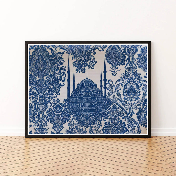 Royal blue and white damask wallpaper art poster showcasing Istanbul Turkey Blue Mosque domes and minarets. Presented by MapYourDreams, this artwork is available in flexible options including unframed paper, custom wooden frames, and gallery canvas wraps for living room art.