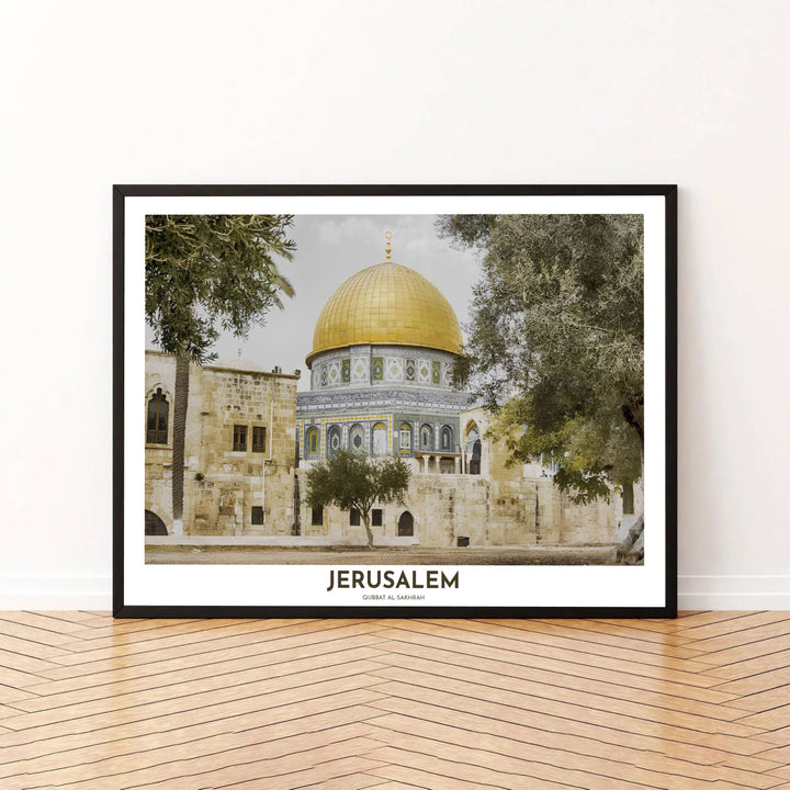 Earth tone travel print of Jerusalem Al Quds sanctuary with ancient olive tree framing and clean typography at base. Presented by MapYourDreams, this artwork is available in flexible options including unframed paper, custom wooden frames, and gallery canvas wraps for living room art.