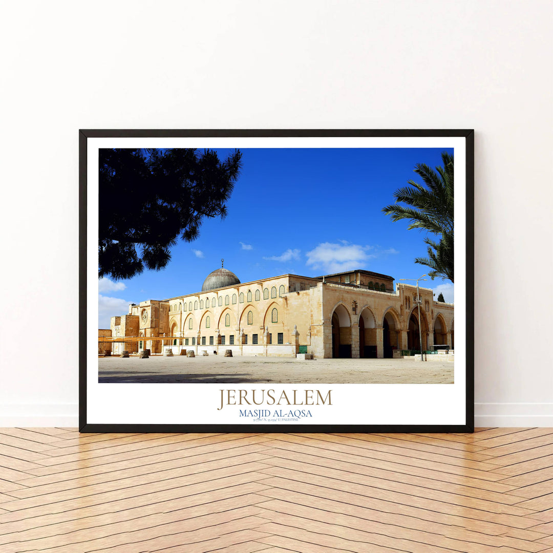 Architectural photo print of sacred Al Aqsa Mosque in Al Quds Palestine with stone arches and lead-plated dome. Built by MapYourDreams, this artwork is available in flexible options including unframed paper, custom wooden frames, and gallery canvas wraps for modern apartment decor.