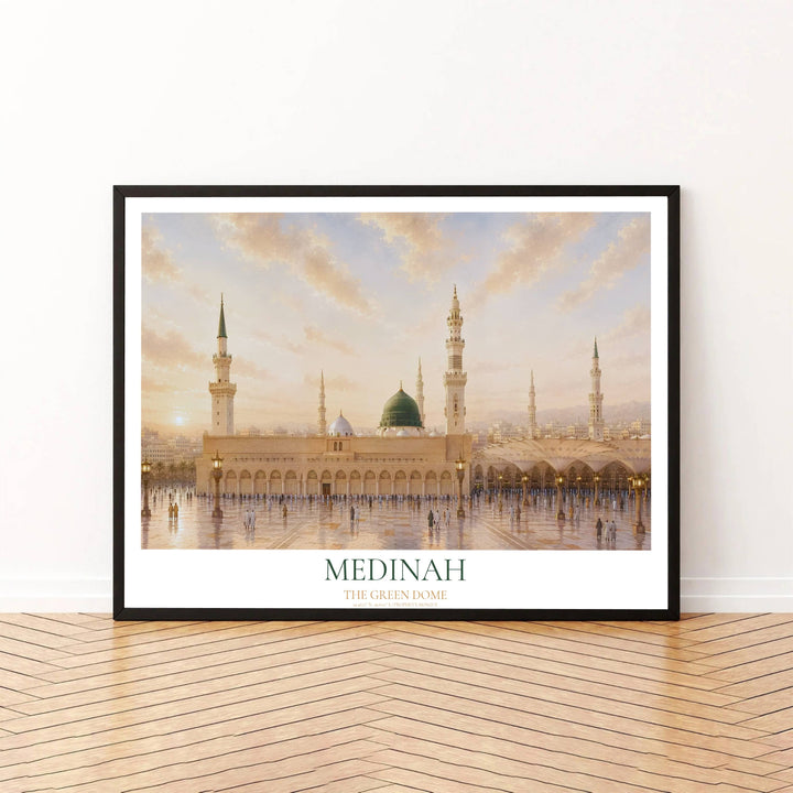 Architectural photo print of sacred Al Masjid an Nabawi in Madinah at dawn with illuminated arches and emerald Green Dome. Built by MapYourDreams, this artwork is available in flexible options including unframed paper, custom wooden frames, and gallery canvas wraps for modern apartment decor.