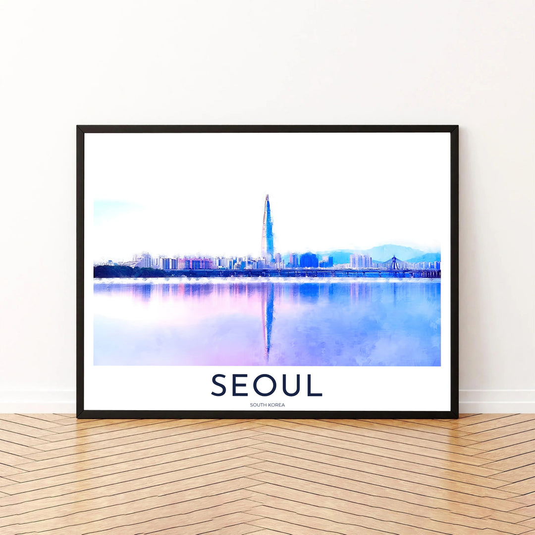 Contemporary soft pastel cityscape print depicting the peaceful waters and skyscrapers around Seoul&