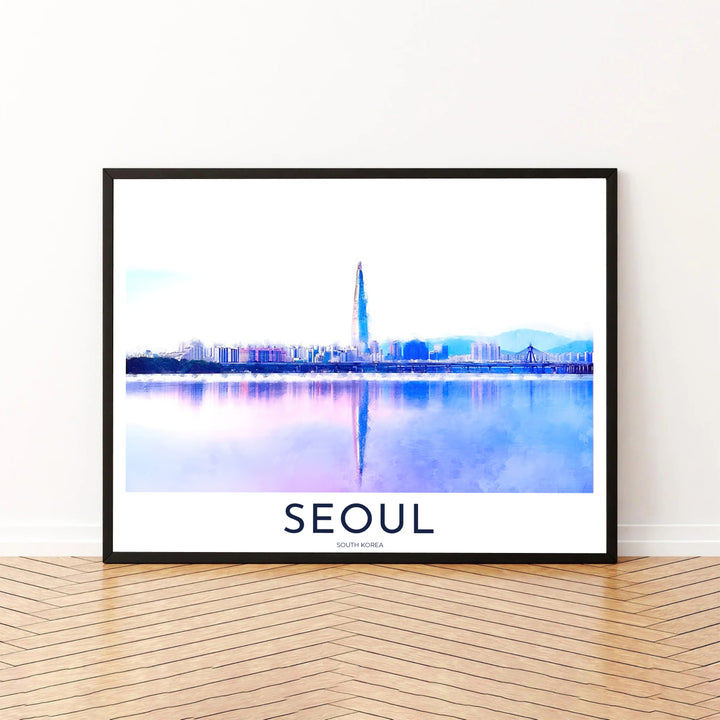 Contemporary soft pastel cityscape print depicting the peaceful waters and skyscrapers around Seoul&