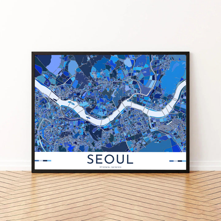 Contemporary ocean blue geographic print depicting the detailed city layout of Seoul, South Korea, presented by MapYourDreams in customizable choices like unframed paper, gold framing, and gallery canvas created to enrich modern home and workspace environments.