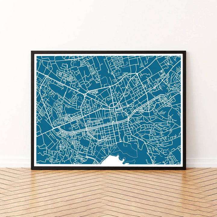 This high-resolution teal and white map print of Tirana, Albania, brings cartographic precision and contemporary style to gallery walls. Discover versatile choices including unframed matte prints, custom-framed options, and dimensional canvas wraps.