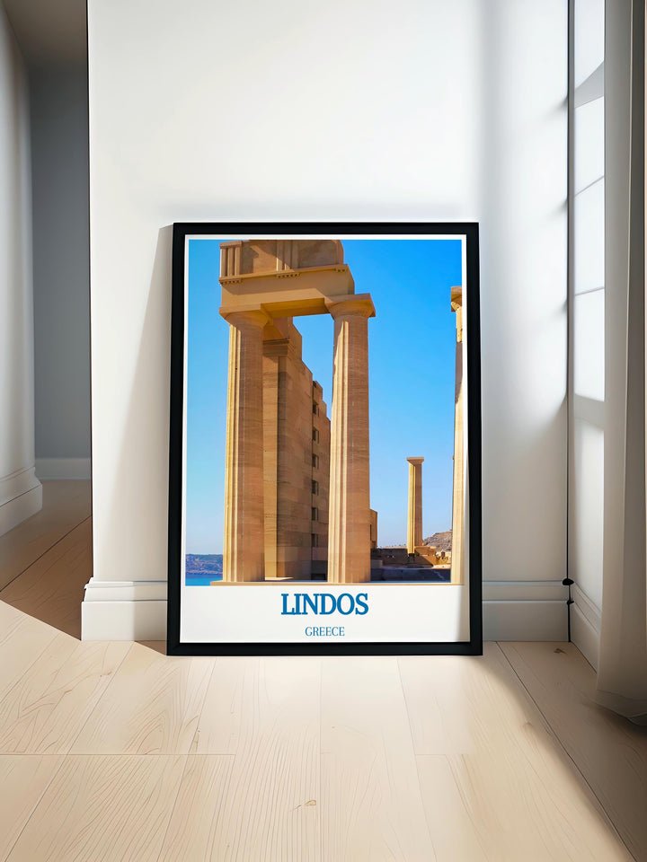 Fine art print of Lindos, showcasing the stunning views of its beaches and ancient ruins, perfect for Mediterranean themed decor.