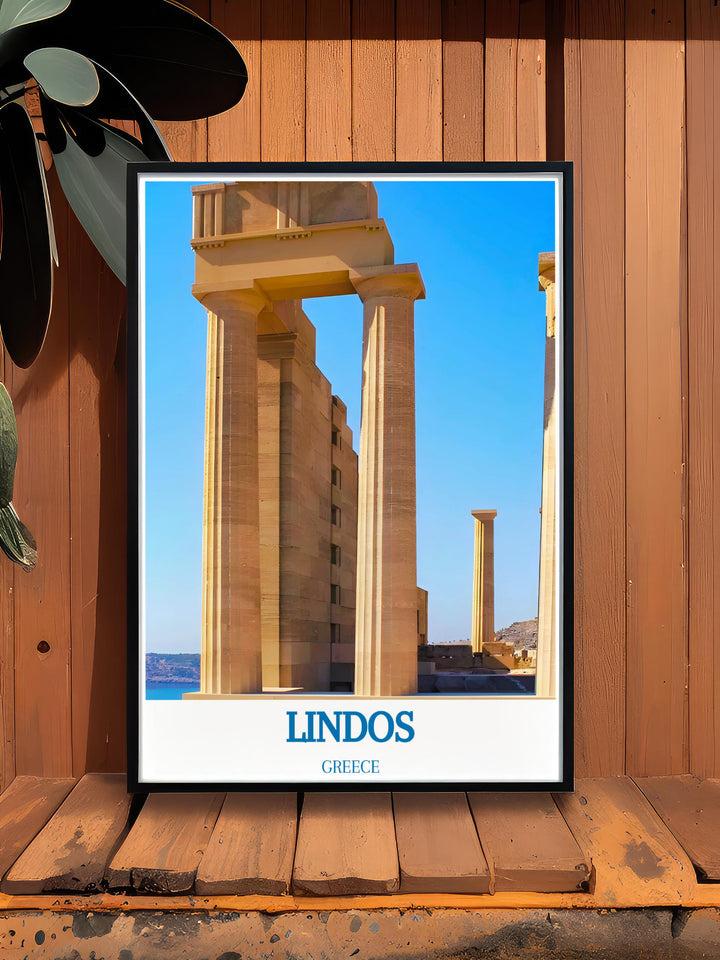 Lindos village print, capturing the charming streets and white washed houses, perfect for those who value rustic beauty.