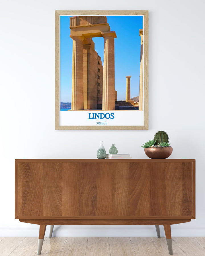 Travel poster of Lindos, highlighting the towns scenic beauty and archaeological sites, perfect for inspiring future Greek adventures.