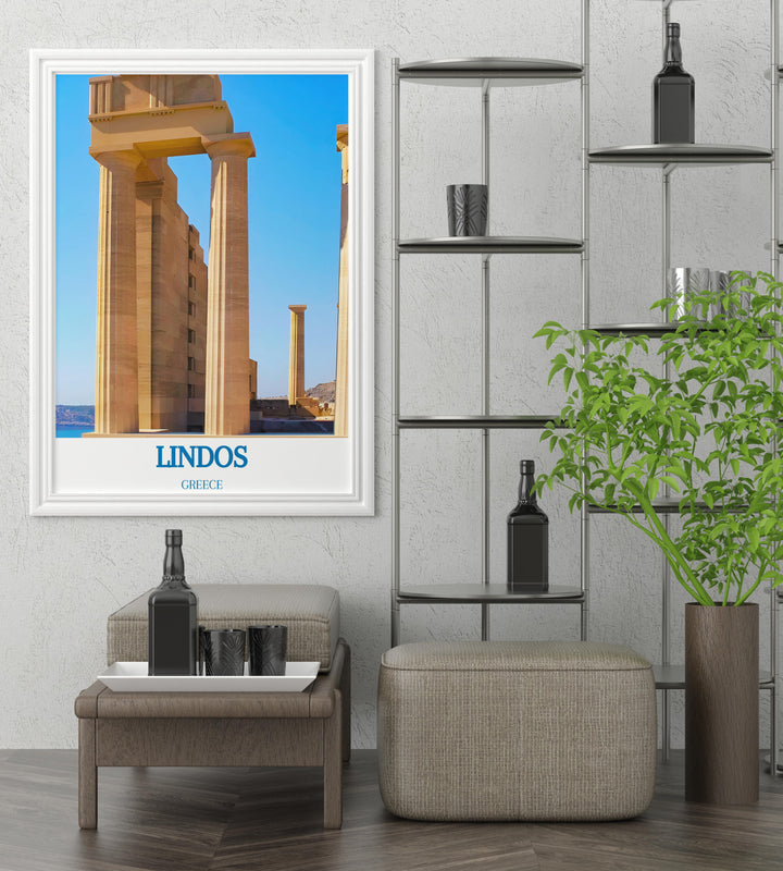 Artistic depiction of the Greek coastline, showing the tranquil blue waters and rugged terrain, suitable for any space.
