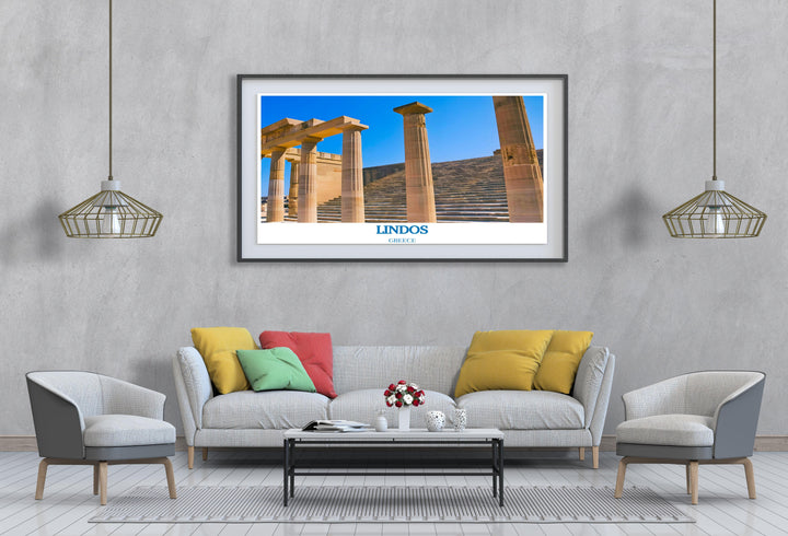 Vintage poster of Greece, highlighting traditional Greek landscapes and architectural wonders, great for adding a retro flair.