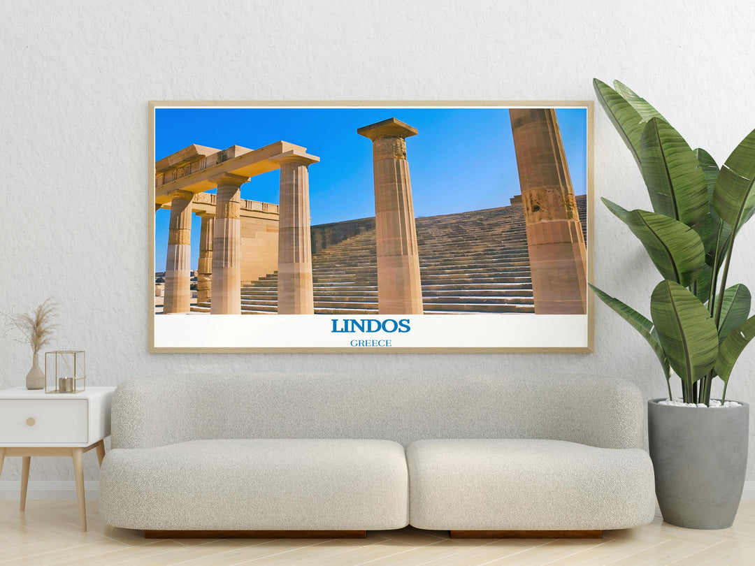 Art print showing the iconic Acropolis of Lindos, perfect for anyone fascinated by ancient Greek culture and architecture.