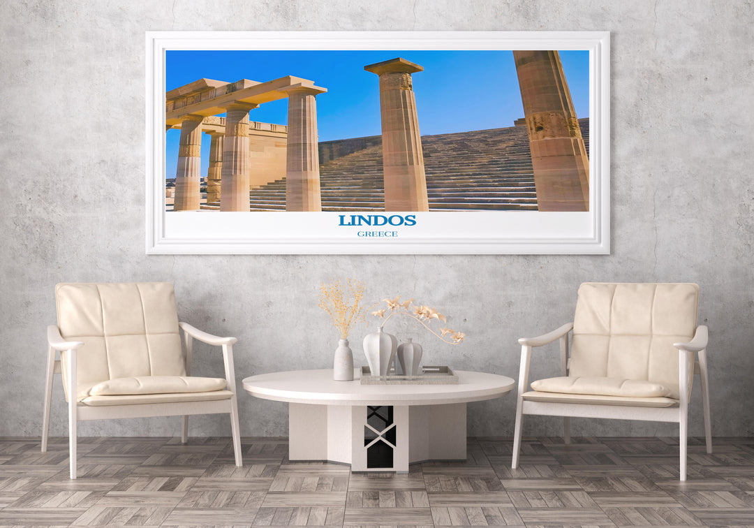 Framed art piece depicting the vibrant and historic streets of Athens, blending urban culture with classical Greek elements.