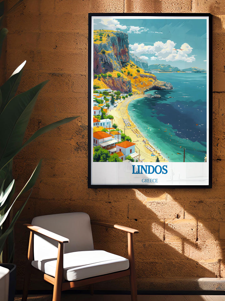 Detailed travel poster featuring the vibrant streets and historic sites of Rhodes, encouraging exploration and adventure.