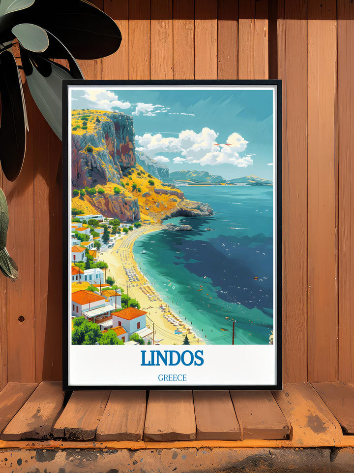 Lindos Beach artwork, perfect for bringing the relaxing vibe of Greek islands into your bedroom or living area.