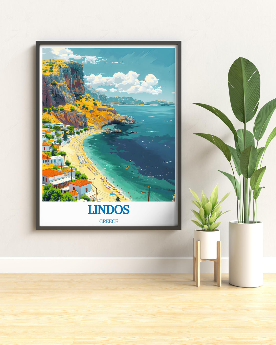 Vibrant travel poster of Greece, highlighting Lindos as a key destination, perfect for inspiring future travels.