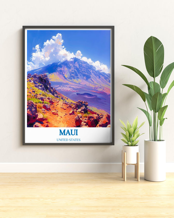 Vintage poster of the United States highlighting Haleakalā National Park with detailed illustrations of its unique ecosystem.