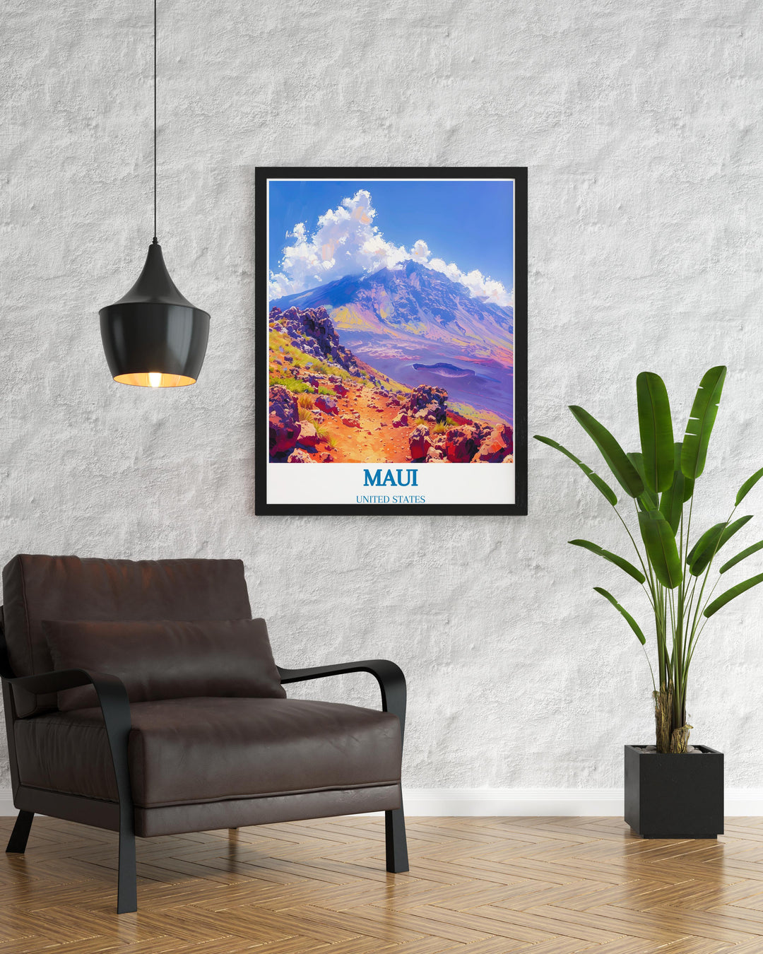 Maui wall art print depicting the dynamic volcanic landscapes of Haleakalā, blending natural beauty with artistic flair.