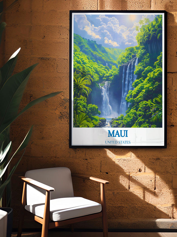 Detailed Maui nature print showing the diverse ecosystems of the island, from its sandy beaches to its high mountain peaks, each element is depicted with precision and care, highlighting the natural beauty and geographical diversity of Maui.