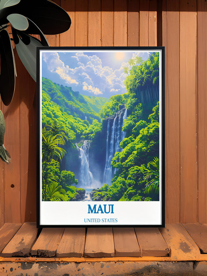 Road to Hana travel poster that vividly portrays the adventurous curves and lush surroundings of this epic drive, designed to inspire and remind of the dynamic and diverse landscapes encountered along one of Americas most scenic routes.