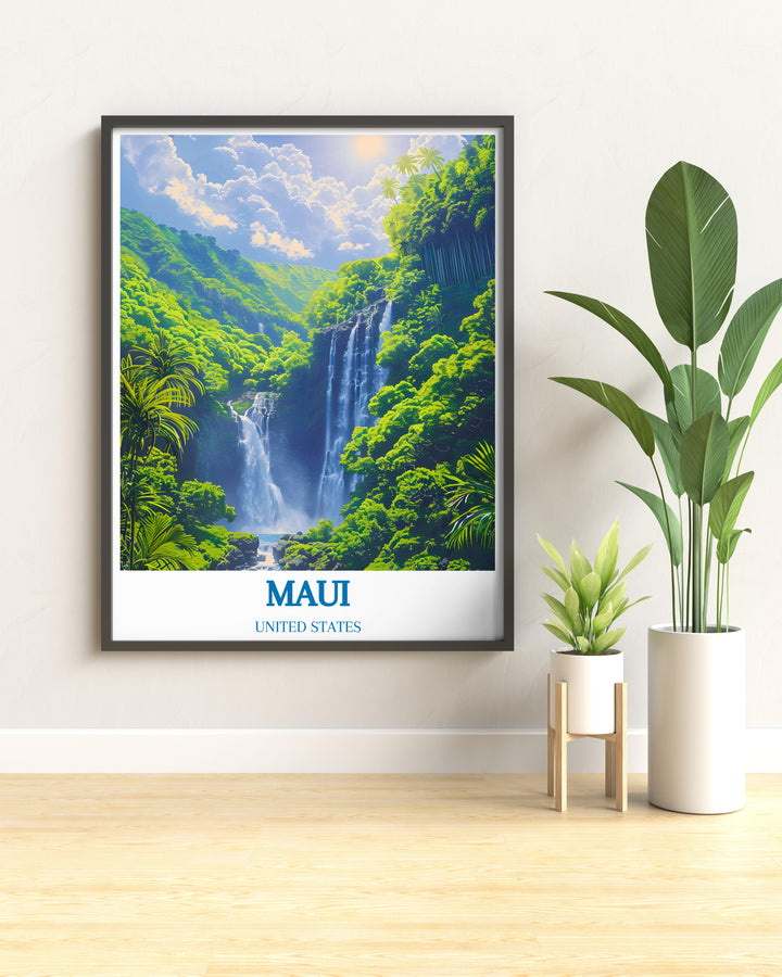 United States Vintage Poster illustrating Mauis rich history and spectacular vistas, from its ancient volcanic landscapes to its lush, verdant valleys, offers a timeless piece of art that encapsulates the spirit of Hawaiian adventures and exploration.