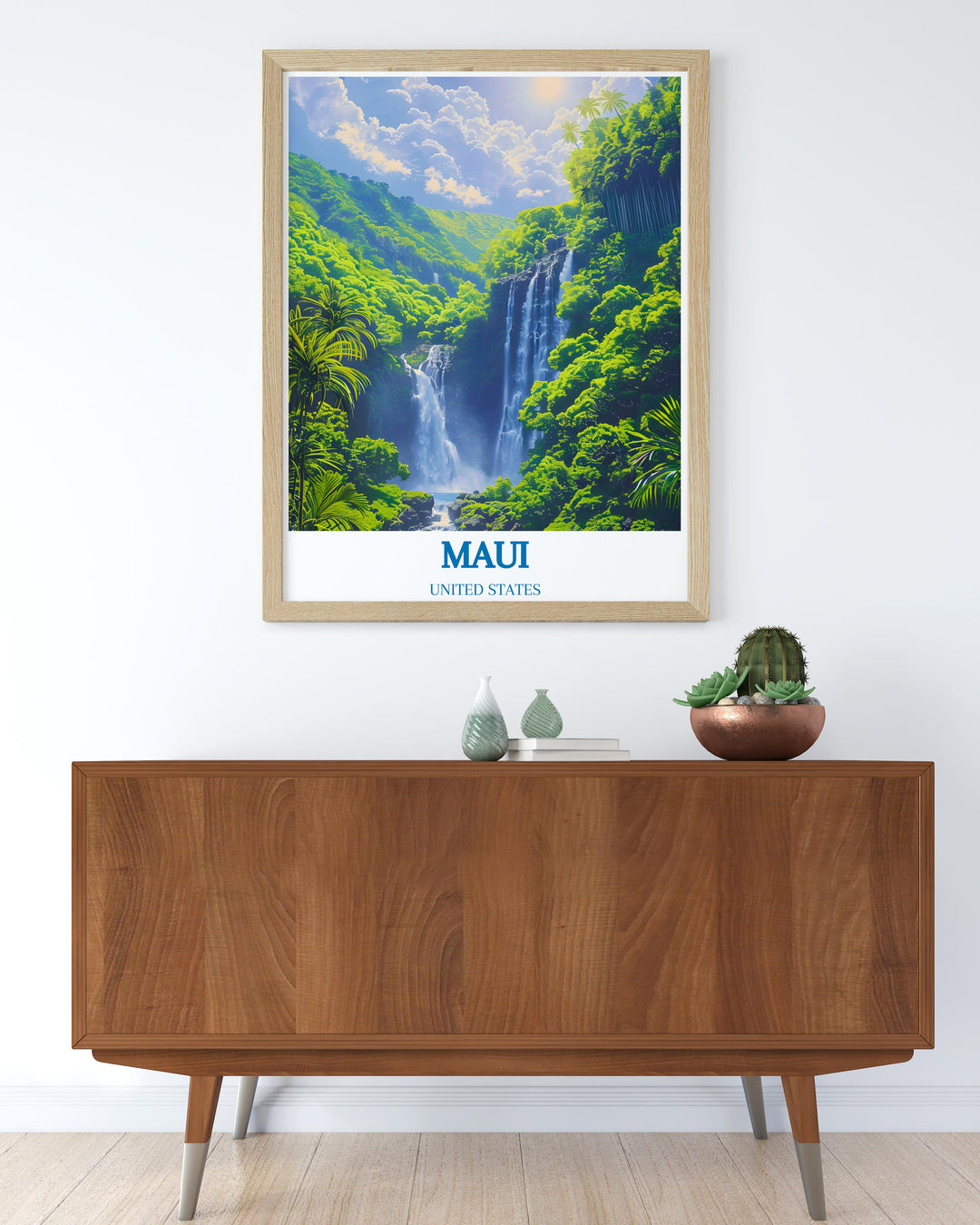 Custom print of Mauis unique environment, from its exotic floral diversity to its dramatic sea cliffs, meticulously detailed to provide a comprehensive view of the islands natural wonders, ideal for those who cherish the beauty of the Hawaiian islands.