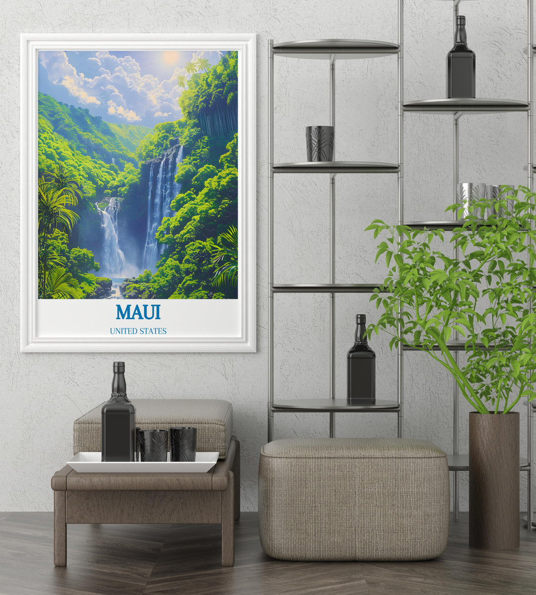 Road to Hana Poster highlighting the journeys dramatic viewpoints, with cascading waterfalls and deep tropical valleys, rendered in stunning clarity to bring the thrill of this famous Maui drive to life in your home or office space.