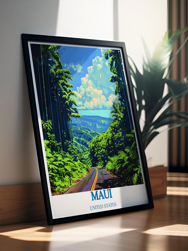 Maui wall art depicting a tranquil beach scene with soft sands and crystal clear waters along the route.