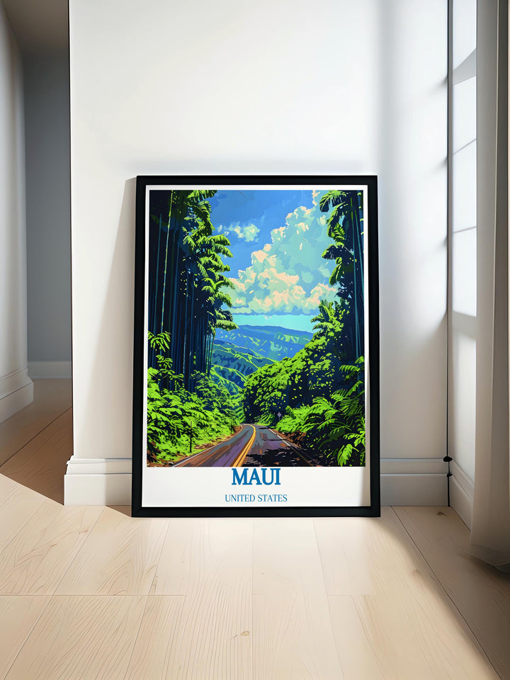 Road to Hana scenic drive print depicting the lush greenery and winding roads of Mauis famous highway.