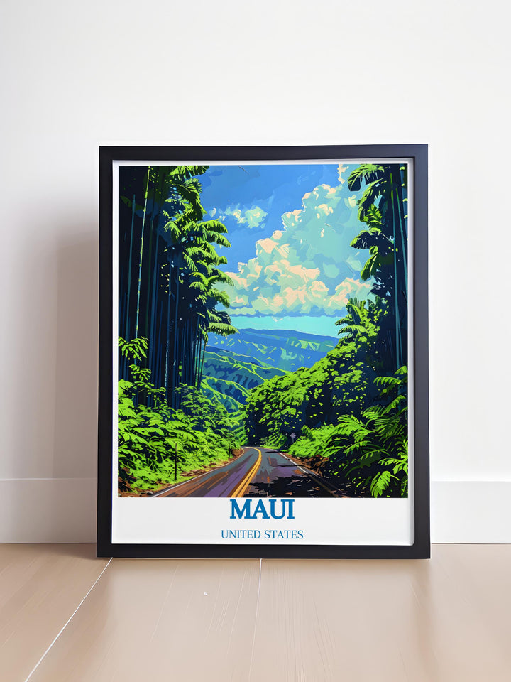 Maui home decor showcasing a breathtaking view of the coastline, with waves crashing against rocky shores.