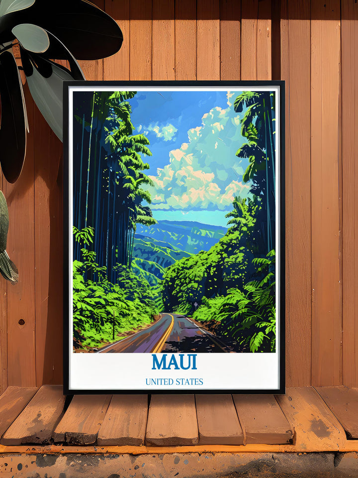 Hawaiian print capturing the early morning mist over the lush landscapes of the Road to Hana.
