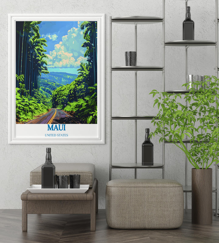 Nature print of the Road to Hana, highlighting the dramatic cliffside views and deep valleys of Maui.
