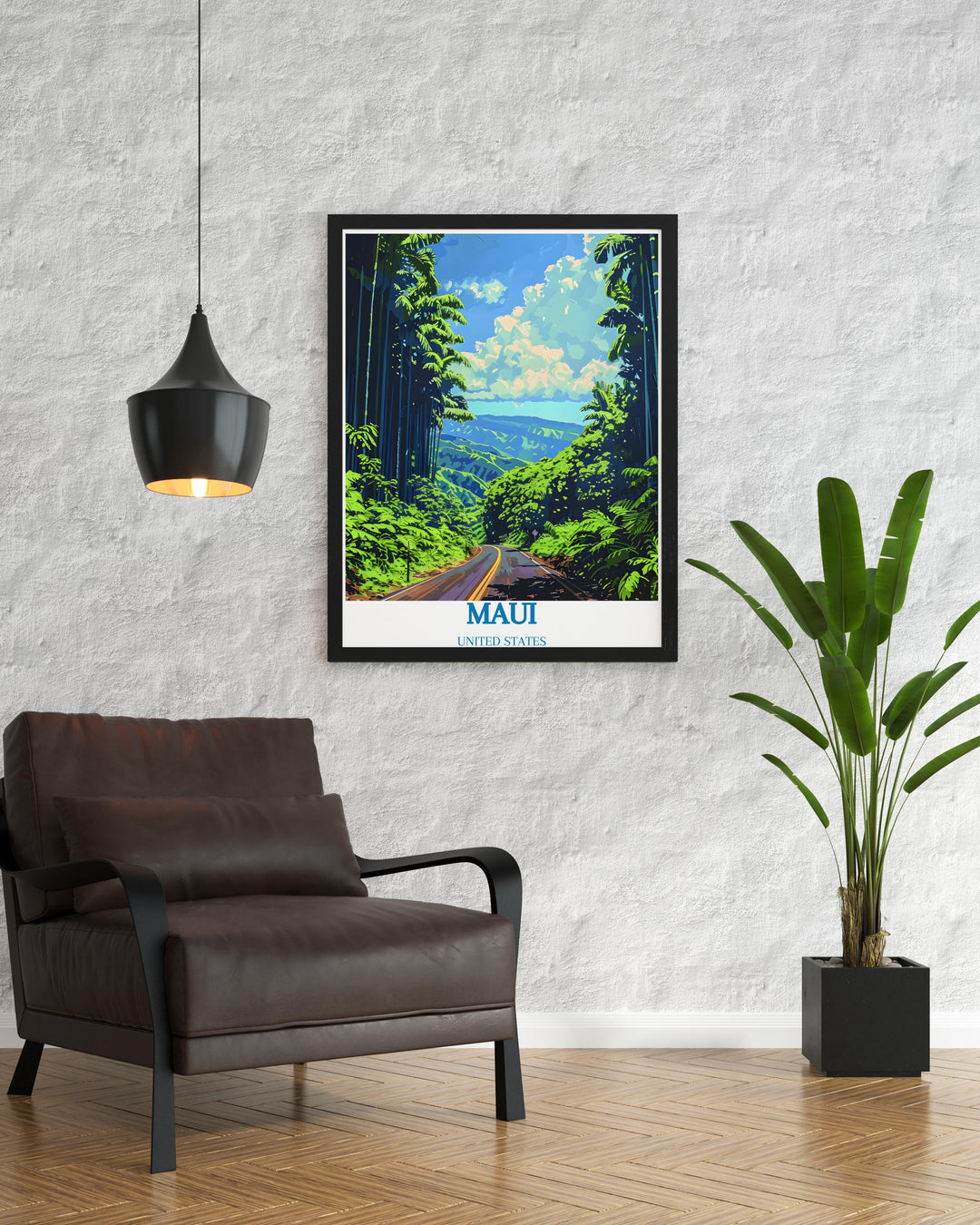 Road to Hana travel poster with detailed illustrations of the picturesque bridges and serene waterfalls.