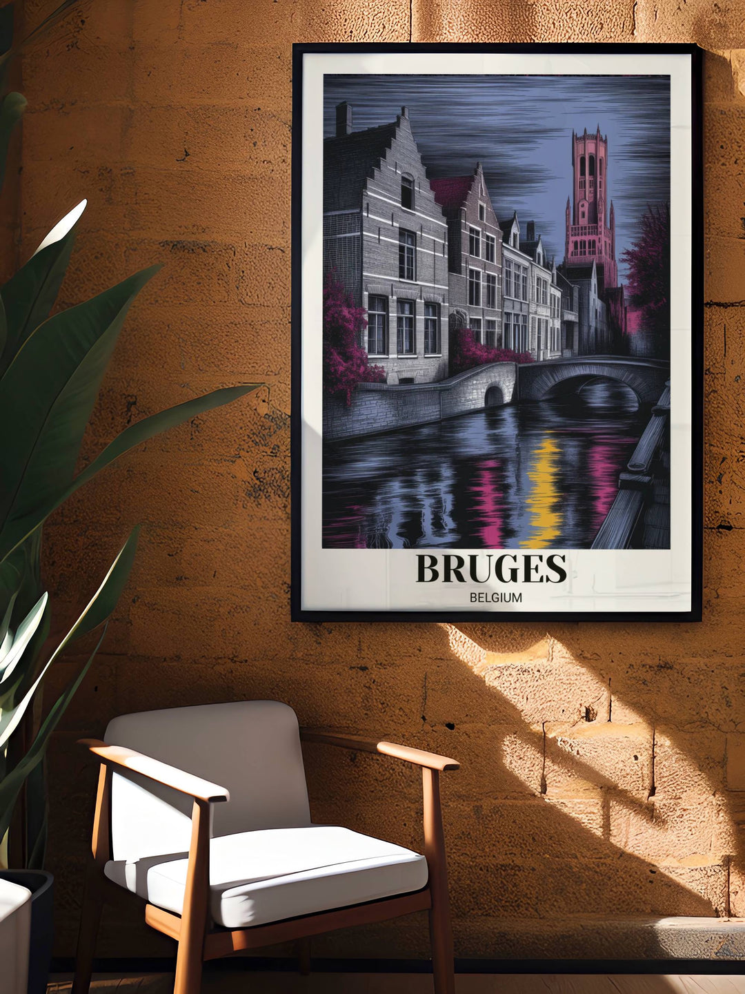 Vertical city landscape of Bruges with a pink tower and stone bridge, rendered in a heavy-line etched style for a tactile, high-definition contemporary art experience.