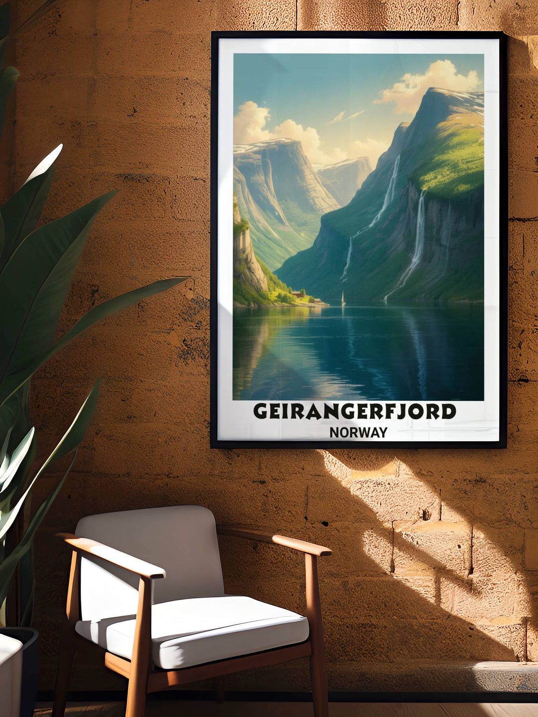 High-quality framed travel poster of Geirangerfjord Norway showcasing the breathtaking scale of the Nordic mountains and lush green slopes under a soft atmospheric sky at sunset.