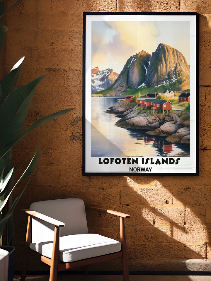 Minimalist travel illustration of iconic Norwegian fishing villages with a bold vintage-style font and classic cream border, perfect for contemporary hallway or bedroom decor.