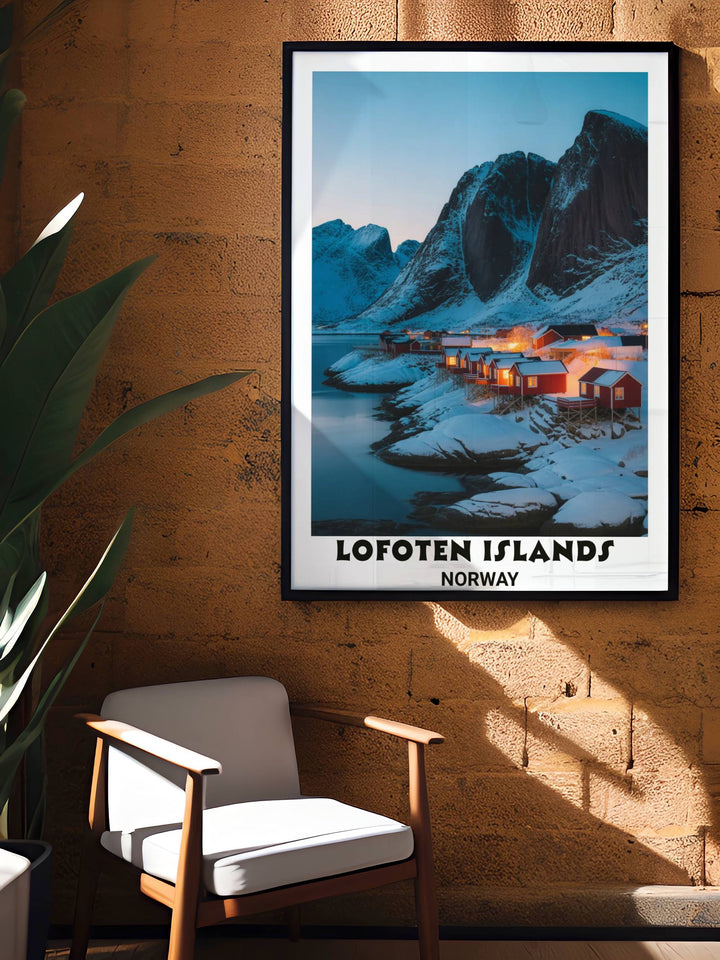 Minimalist travel illustration of iconic winter fishing villages in Norway with a bold vintage-style font and classic cream border, ideal for a contemporary office or bedroom.